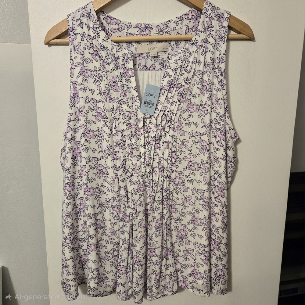 NWT LOFT Petite White and Purple Floral Sleeveless Blouse